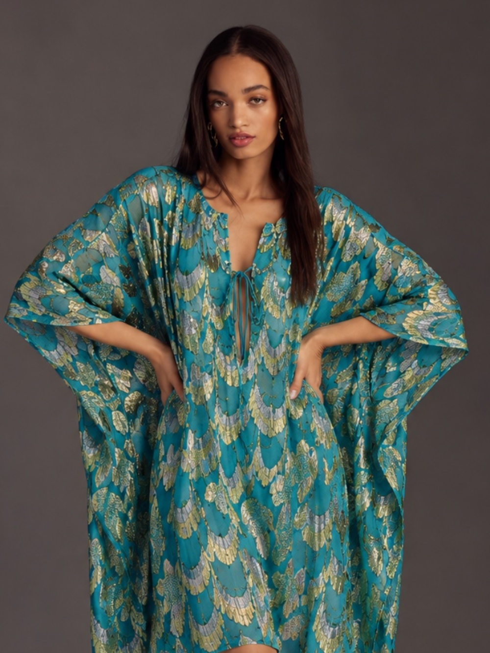 Trina Turk Turquoise Metallic Gold Silver Scallop Caftan Dress One Size